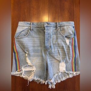 Celebrity Pink Light Blue Jean Shorts with Rainbow Accents